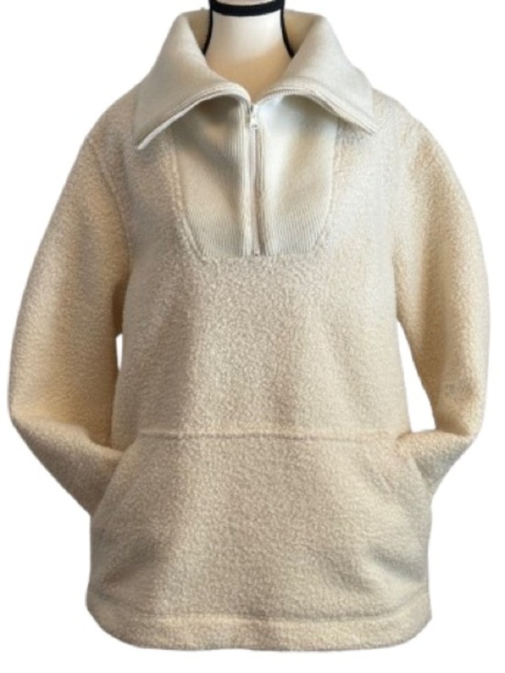 Lands’ End Cream Sherpa Fleece Quarter Zip Pullover XL 18 Cozy Kangaroo Pocket